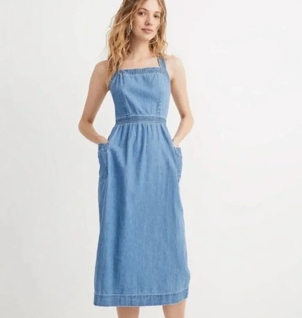 Madewell Denim Apron Dress Size 12 Blue Midi Crisscross Back $128 Retail NWT